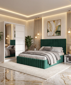 Dormitor Adela Verde Cu Pat Tapitat Dressing 150 Si 2 Noptiere