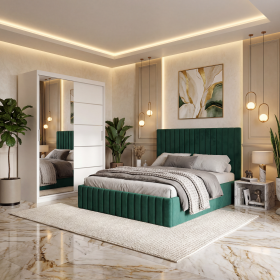 Dormitor Adela Verde Cu Pat Tapitat Dressing 150 Si 2 Noptiere