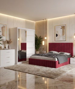 Dormitor Adela Visiniu Cu Pat Tapitat Dressing 150 Comoda Si 2 Noptiere