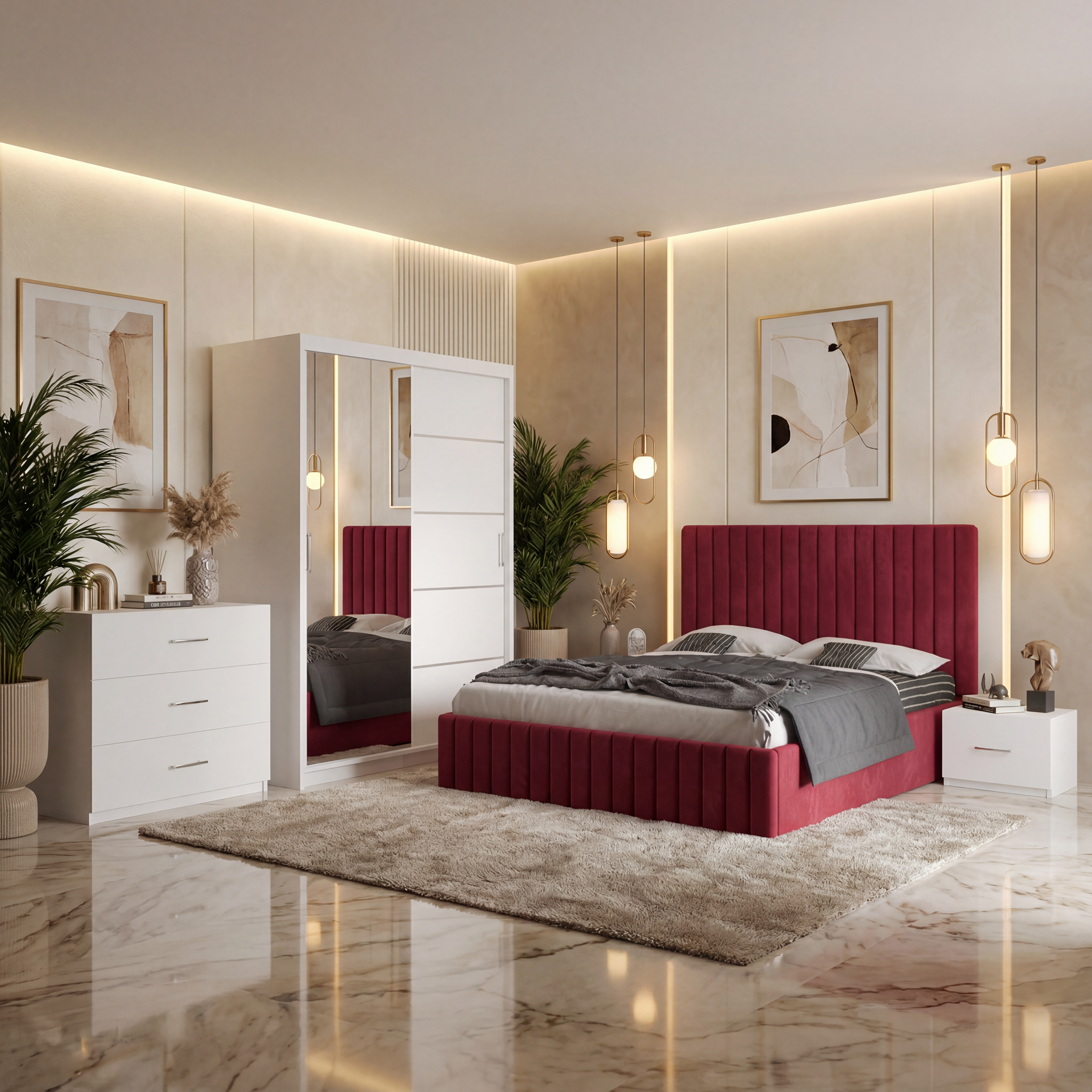 Dormitor Adela Visiniu Cu Pat Tapitat Dressing 150 Comoda Si 2 Noptiere