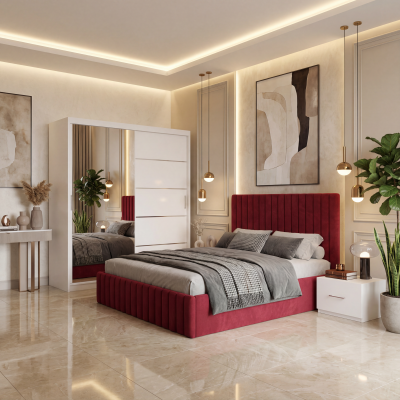 Dormitor Adela Visiniu Cu Pat Tapitat Dressing 150 Si 2 Noptiere