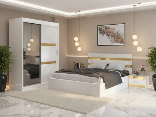 Dormitor Adria Alb Dressing 150 Tapitat Si Pat cu 2 Noptiere