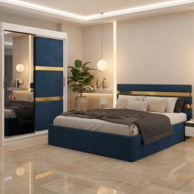 Dormitor Adria Albastru Dressing 150 Tapitat Si Pat cu 2 Noptiere