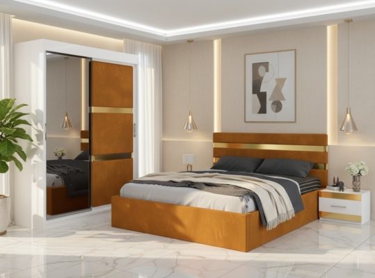 Dormitor Adria Caramiziu Dressing 150 Tapitat Si Pat cu 2 Noptiere