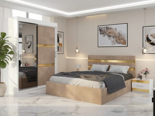 Dormitor Adria Crem Dressing 150 Tapitat Si Pat cu 2 Noptiere