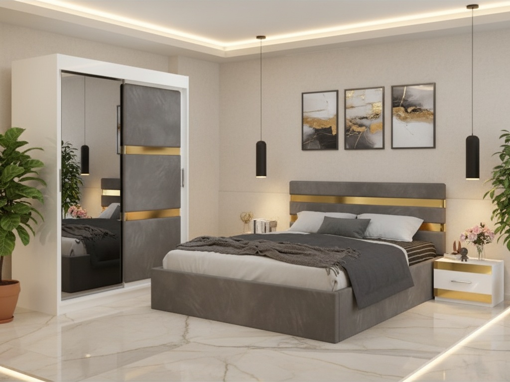 Dormitor Adria Gri Dressing 150 Tapitat Si Pat cu 2 Noptiere