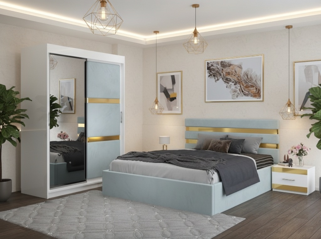 Dormitor Adria Lemon Dressing 150 Tapitat Si Pat cu 2 Noptiere