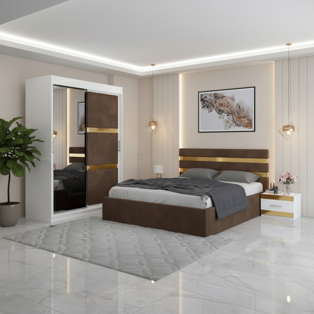 Dormitor Adria Maro Dressing 150 Tapitat Si Pat cu 2 Noptiere