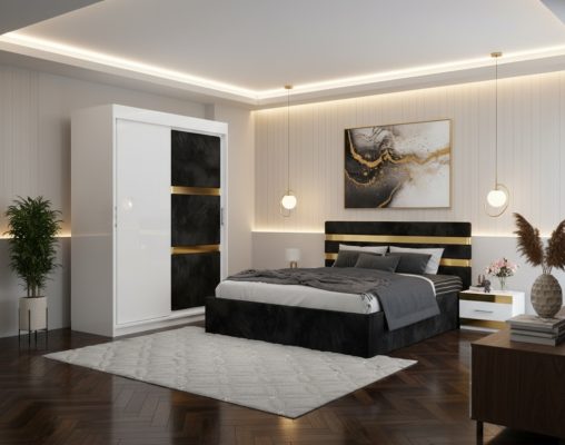 Dormitor Adria Negru Dressing 150 Tapitat Si Pat cu 2 Noptiere