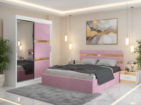Dormitor Adria Roz Dressing 150 Tapitat Si Pat cu 2 Noptiere
