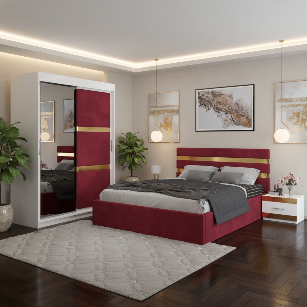 Dormitor Adria Visiniu Dressing 150 Tapitat Si Pat cu 2 Noptiere