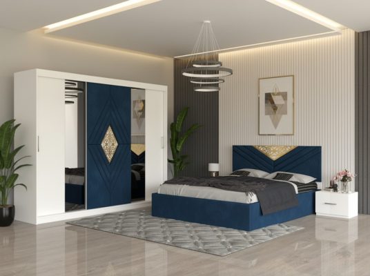 Dormitor Alessa Albastru Dressing 250 Si Pat cu 2 Noptiere