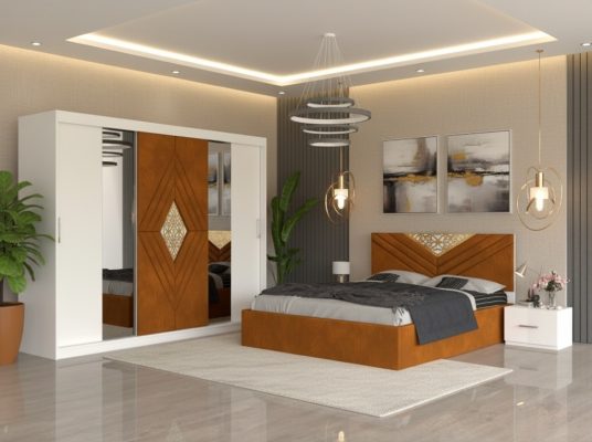 Dormitor Alessa Caramiziu Dressing 250 Si Pat cu 2 Noptiere