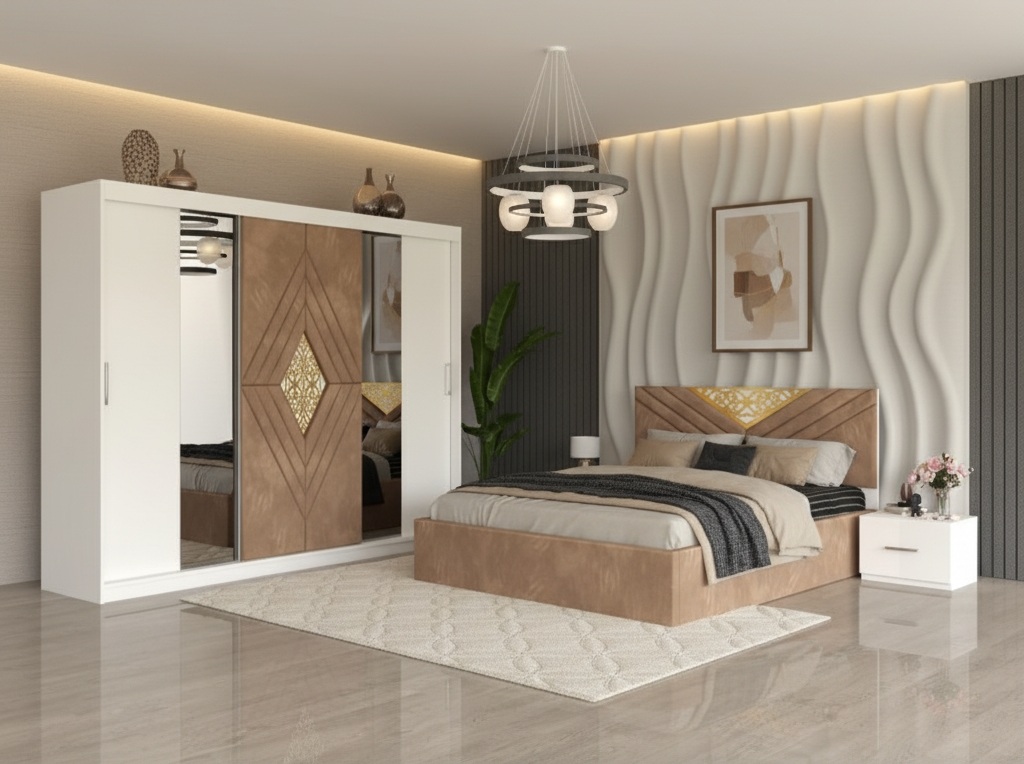 Dormitor Alessa Crem Dressing 250 Si Pat cu 2 Noptiere