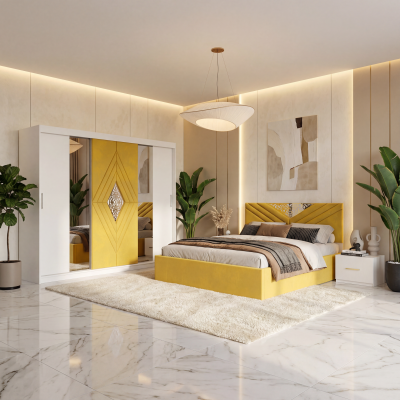 Dormitor Alessa Galben Dressing 250 Si Pat cu 2 Noptiere