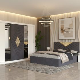 Dormitor Alessa Gri Dressing 250 Si Pat cu 2 Noptiere