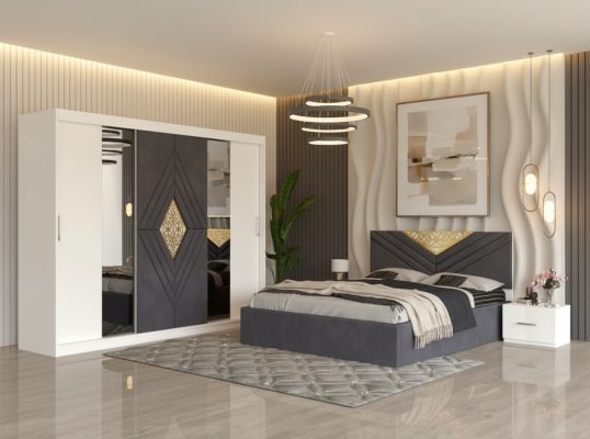 Dormitor Alessa Gri Dressing 250 Si Pat cu 2 Noptiere