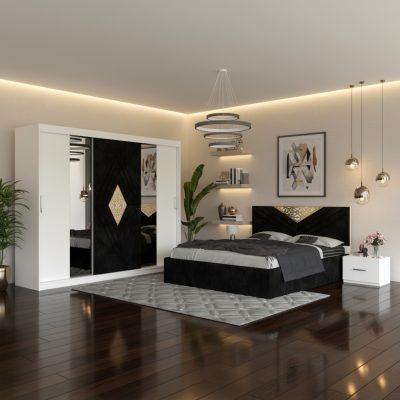 Dormitor Alessa Negru Dressing 250 Si Pat cu 2 Noptiere