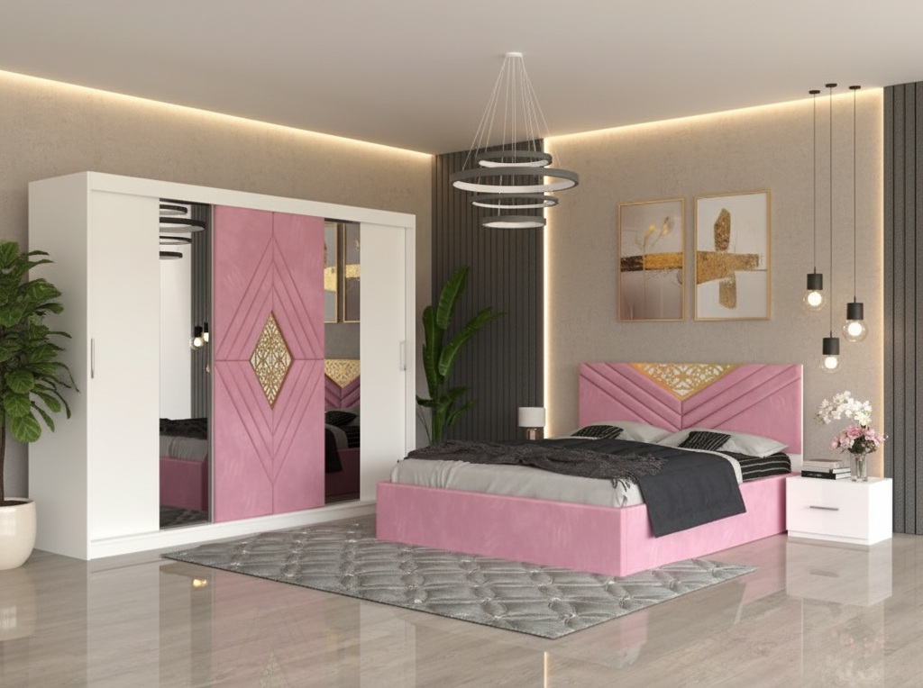 Dormitor Alessa Roz Dressing 250 Si Pat cu 2 Noptiere