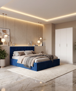 Dormitor Aura Albastru cu Pat Tapitat