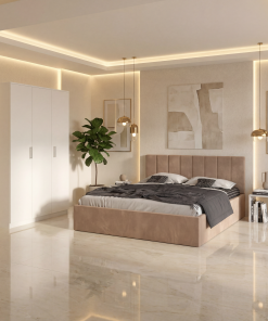 Dormitor Aura Crem cu Pat Tapitat