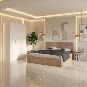 Dormitor Aura Crem cu Pat Tapitat