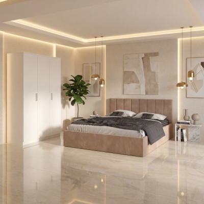 Dormitor Aura Crem cu Pat Tapitat