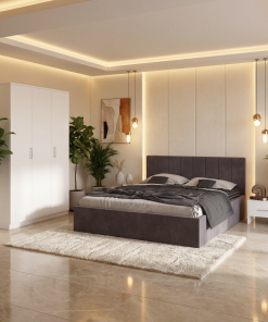 Dormitor Aura Gri cu Pat Tapitat