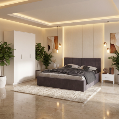 Dormitor Aura Gri cu Pat Tapitat