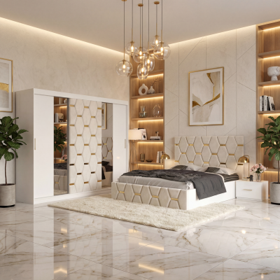 Dormitor Bia Alb Pat Tapitat cu 2 Noptiere si Dressing Tapitat 250