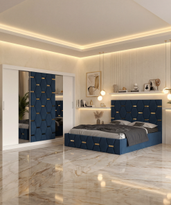 Dormitor Bia Albastru Pat Tapitat cu 2 Noptiere si Dressing Tapitat 250