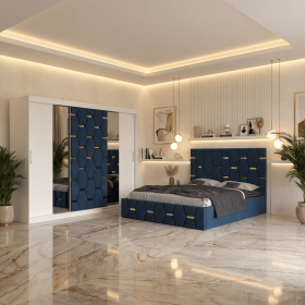 Dormitor Bia Albastru Pat Tapitat cu 2 Noptiere si Dressing Tapitat 250