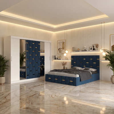 Dormitor Bia Albastru Pat Tapitat cu 2 Noptiere si Dressing Tapitat 250