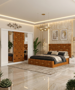 Dormitor Bia Caramiziu Pat Tapitat cu 2 Noptiere si Dressing Tapitat 250