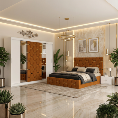 Dormitor Bia Caramiziu Pat Tapitat cu 2 Noptiere si Dressing Tapitat 250