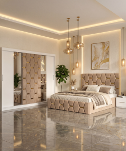 Dormitor Bia Crem Pat Tapitat cu 2 Noptiere si Dressing Tapitat 250