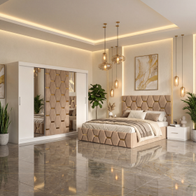 Dormitor Bia Crem Pat Tapitat cu 2 Noptiere si Dressing Tapitat 250