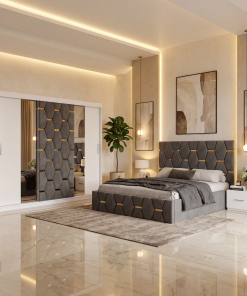 Dormitor Bia Gri Pat Tapitat cu 2 Noptiere si Dressing Tapitat 250