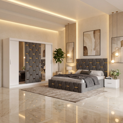 Dormitor Bia Gri Pat Tapitat cu 2 Noptiere si Dressing Tapitat 250