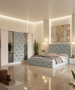 Dormitor Bia Lemon Pat Tapitat cu 2 Noptiere si Dressing Tapitat 250