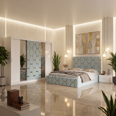 Dormitor Bia Lemon Pat Tapitat cu 2 Noptiere si Dressing Tapitat 250