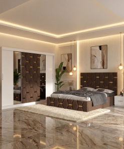 Dormitor Bia Maro Pat Tapitat cu 2 Noptiere si Dressing Tapitat 250