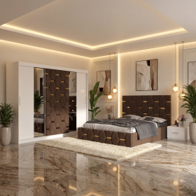 Dormitor Bia Maro Pat Tapitat cu 2 Noptiere si Dressing Tapitat 250