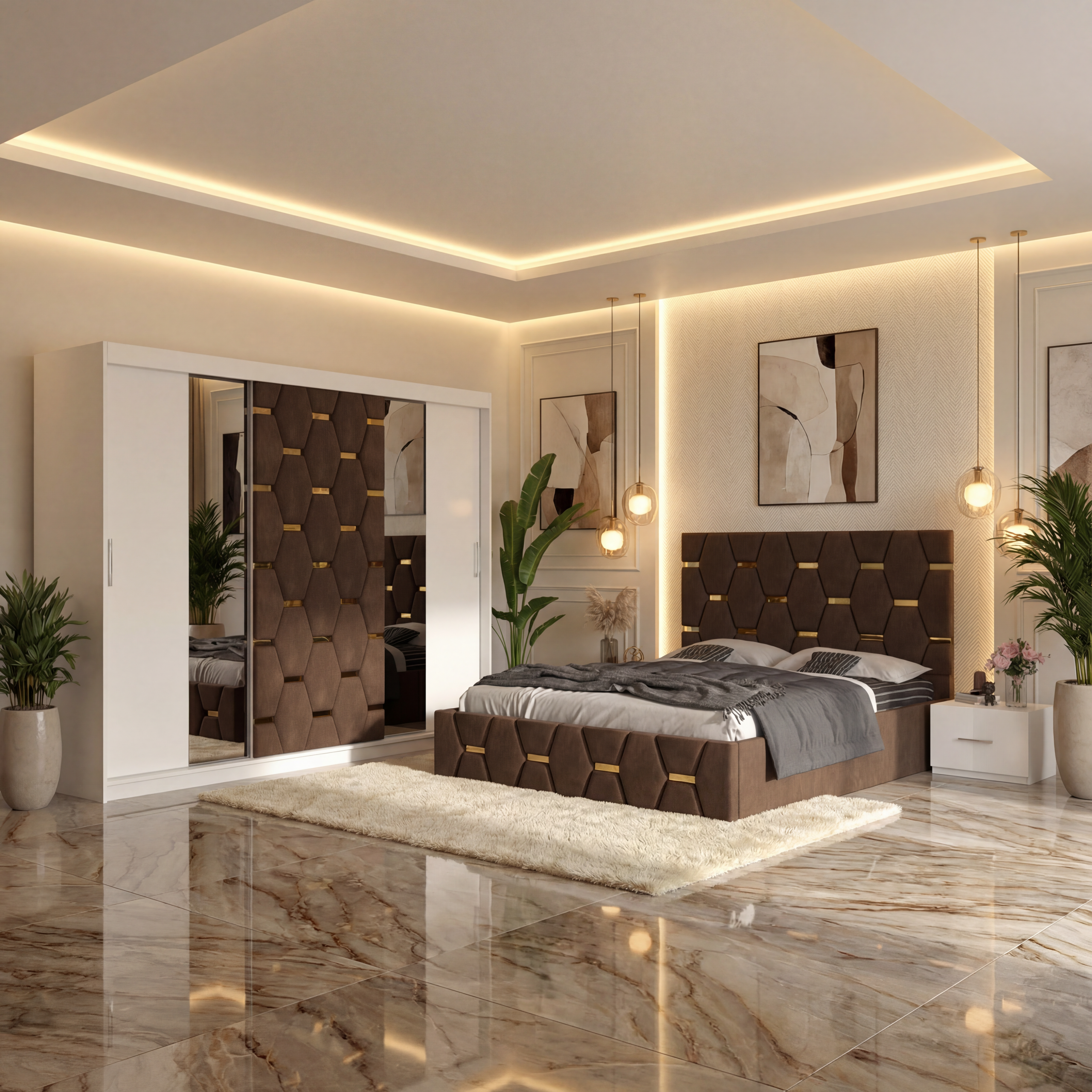 Dormitor Bia Maro Pat Tapitat cu 2 Noptiere si Dressing Tapitat 250