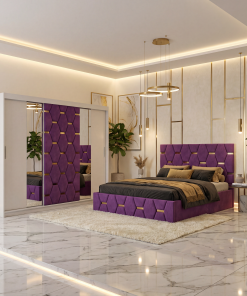 Dormitor Bia Mov Pat Tapitat cu 2 Noptiere si Dressing Tapitat 250