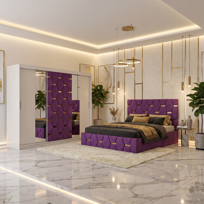 Dormitor Bia Mov Pat Tapitat cu 2 Noptiere si Dressing Tapitat 250