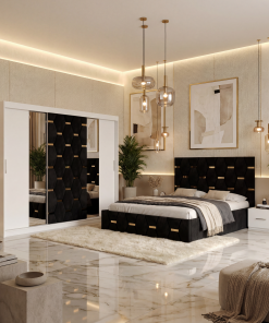 Dormitor Bia Negru Pat Tapitat cu 2 Noptiere si Dressing Tapitat 250