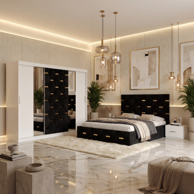 Dormitor Bia Negru Pat Tapitat cu 2 Noptiere si Dressing Tapitat 250