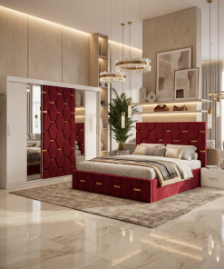 Dormitor Bia Rosu Pat Tapitat cu 2 Noptiere si Dressing Tapitat 250