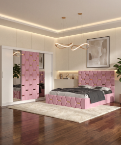 Dormitor Bia Roz Pat Tapitat cu 2 Noptiere si Dressing Tapitat 250